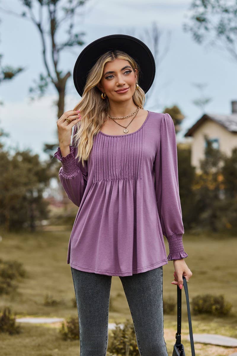 CWTBLL3687_NEW AUTUMN SOLID COLOR ROUND NECK DRAW CUFFS TOP