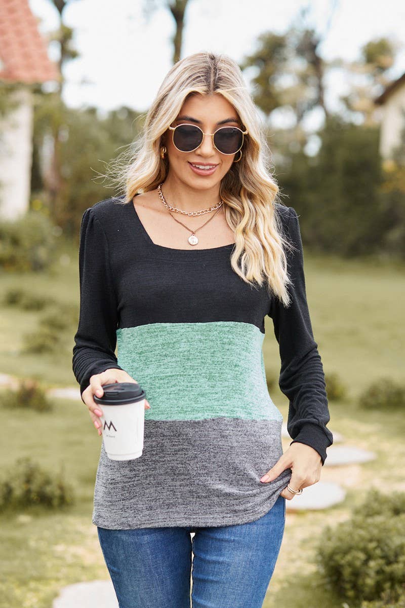 CWTBLL3681_SQUARE NECK PATCHWORK LOOSE LONG SLEEVE T-SHIRT