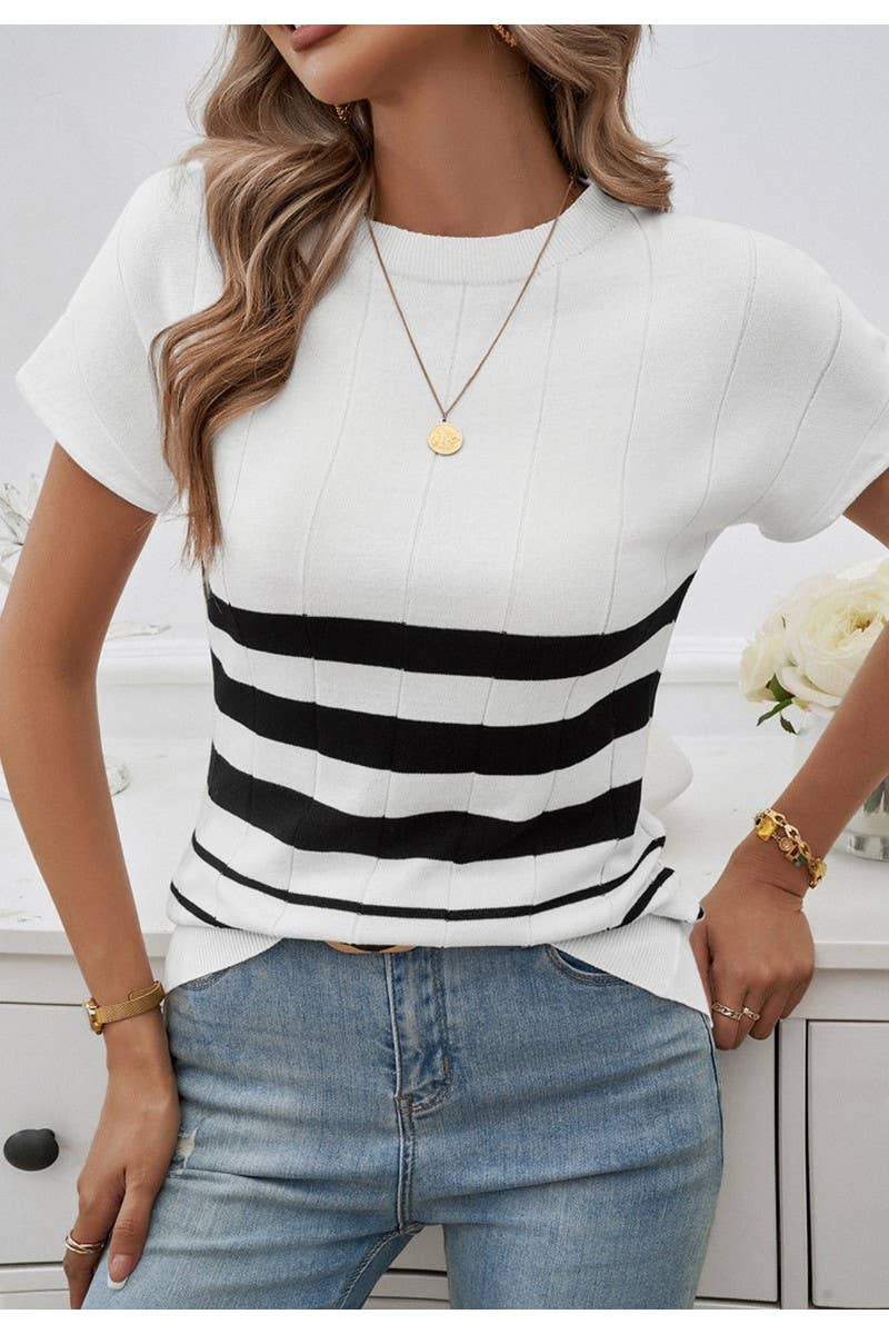 CWTTSL0265_Elegant Crew Neck Short Sleeve Knit Top