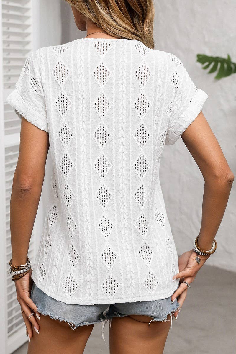 CWTBLS1618_SOLID COLOR V-NECK SHORT SLEEVE BUTTON TOP