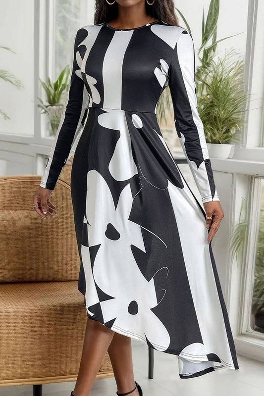 CWDMD4682_AUTUMN IRREGULAR PATTERN ROUND NECK SLIM DRESS