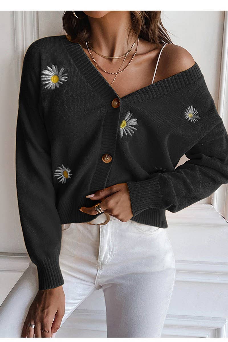 CWOCAL0762_CHRYSANTHEMUM EMBROIDERY V-NECK CARDIGAN