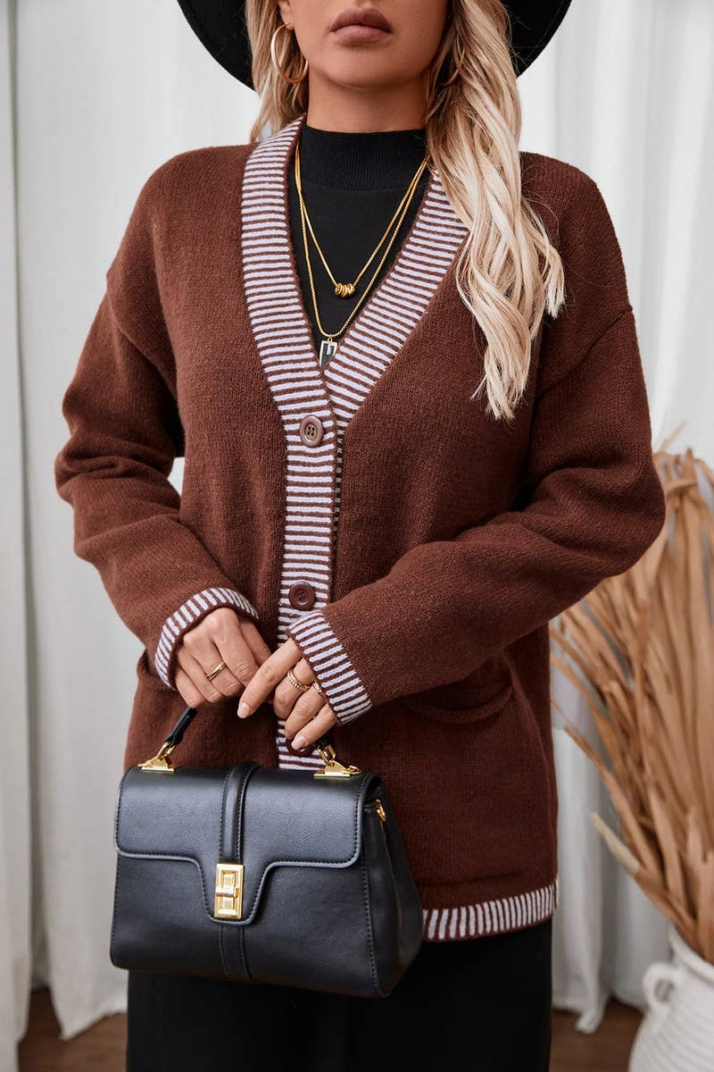 CWOCAL0862_SLOUCHY POCKET SINGLE BREASTED STRIPED KNIT TOP