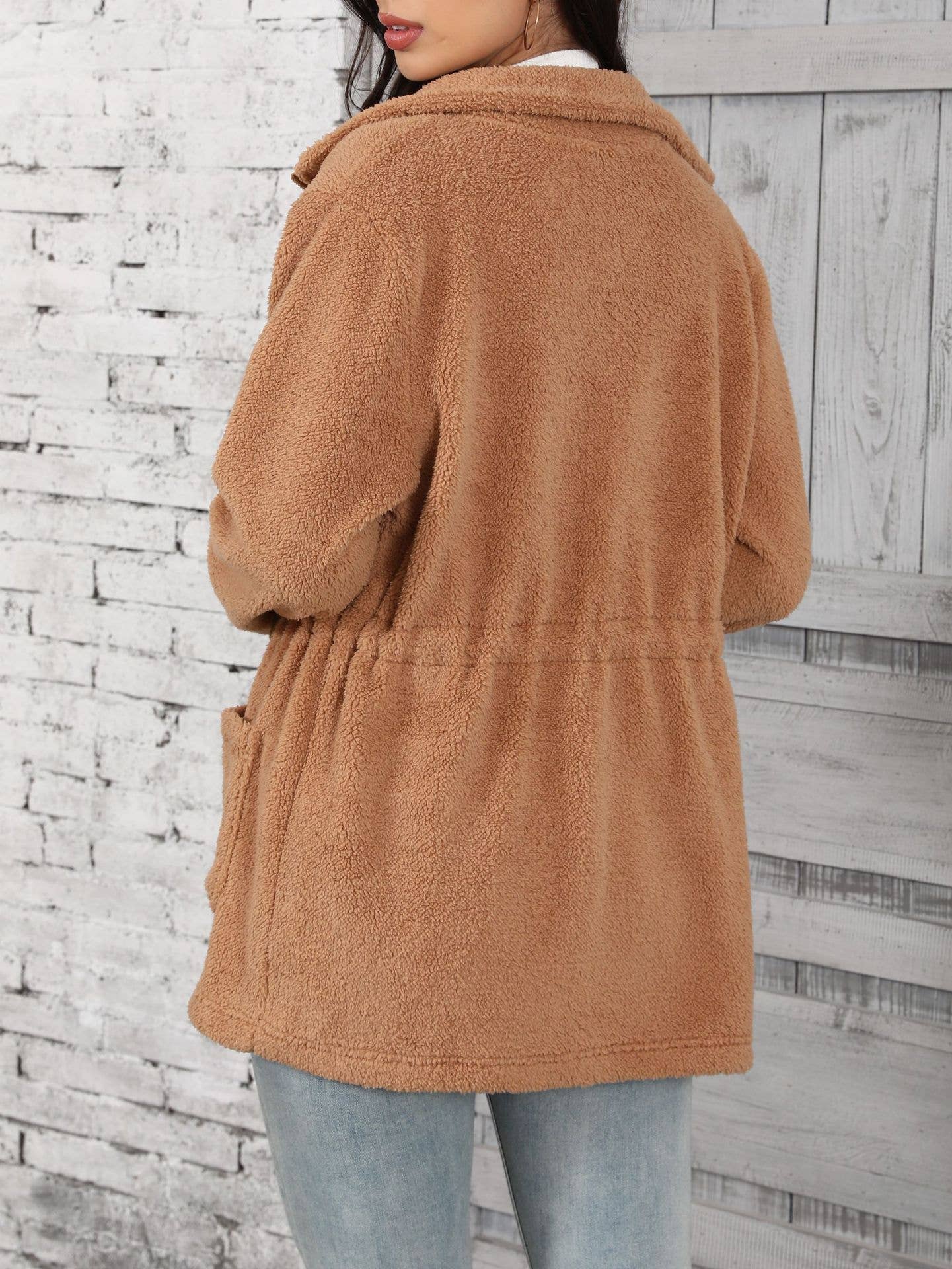 BAGGY POCKETS ZIP-UP LAPEL CARDIGAN FLEECE COAT