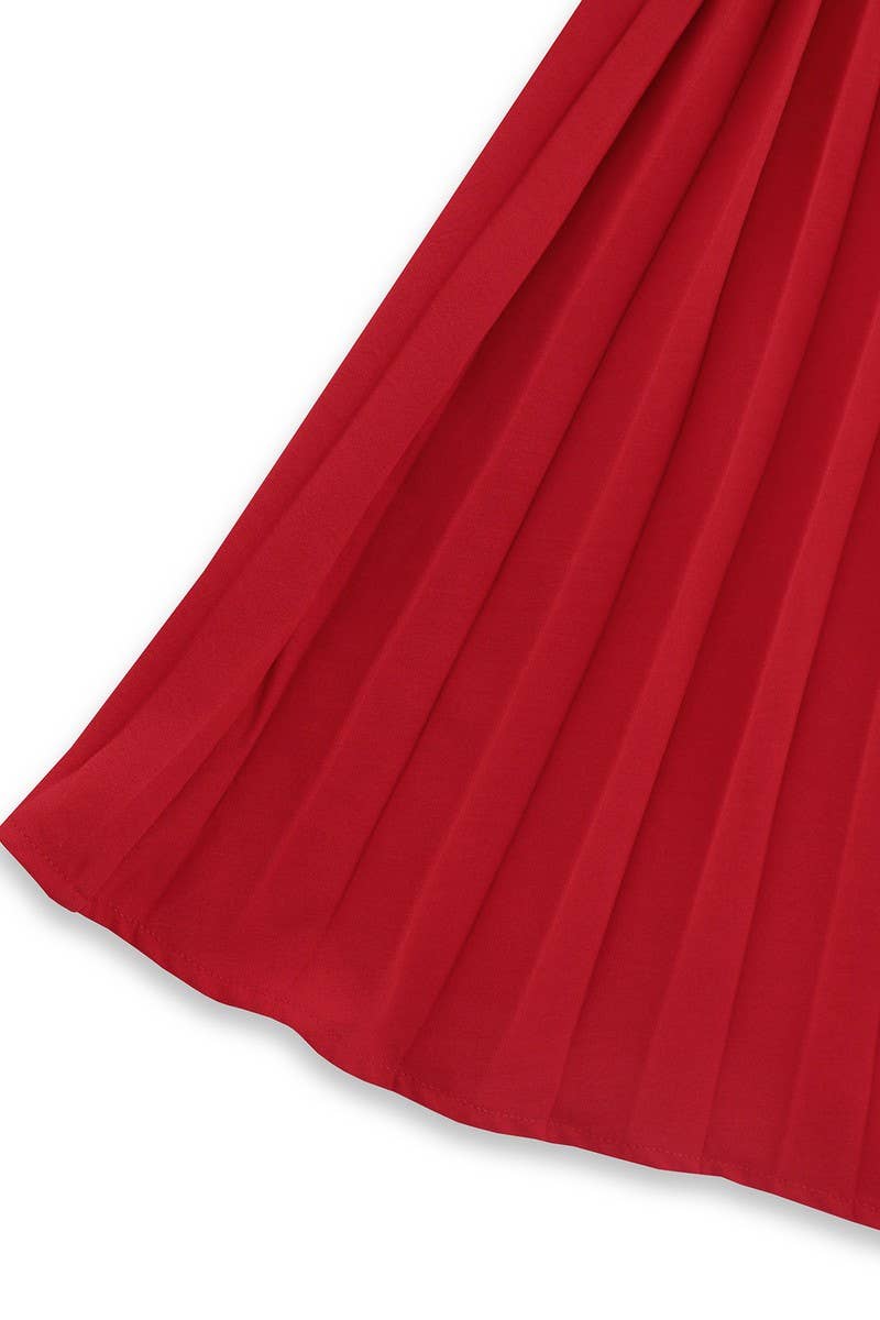 CWDMD3997_V-NECK PLEATED BELTED A-LINE MAXI DRESS