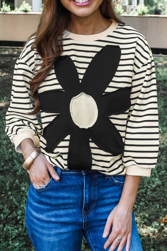 FLORAL APPLIQUE STRIPED INTERCOLORED SWEATER