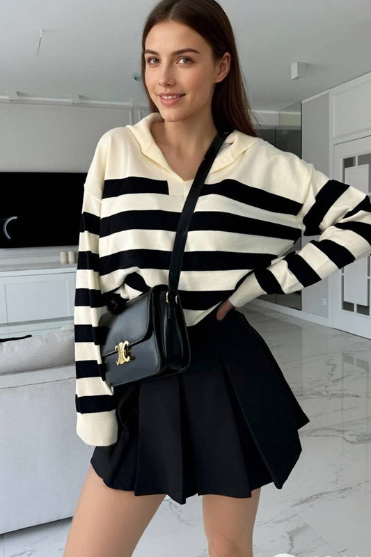 CWOSWL6954_COLORBLOCK STRIPED COLLARED KNIT PULLOVER SWEATER