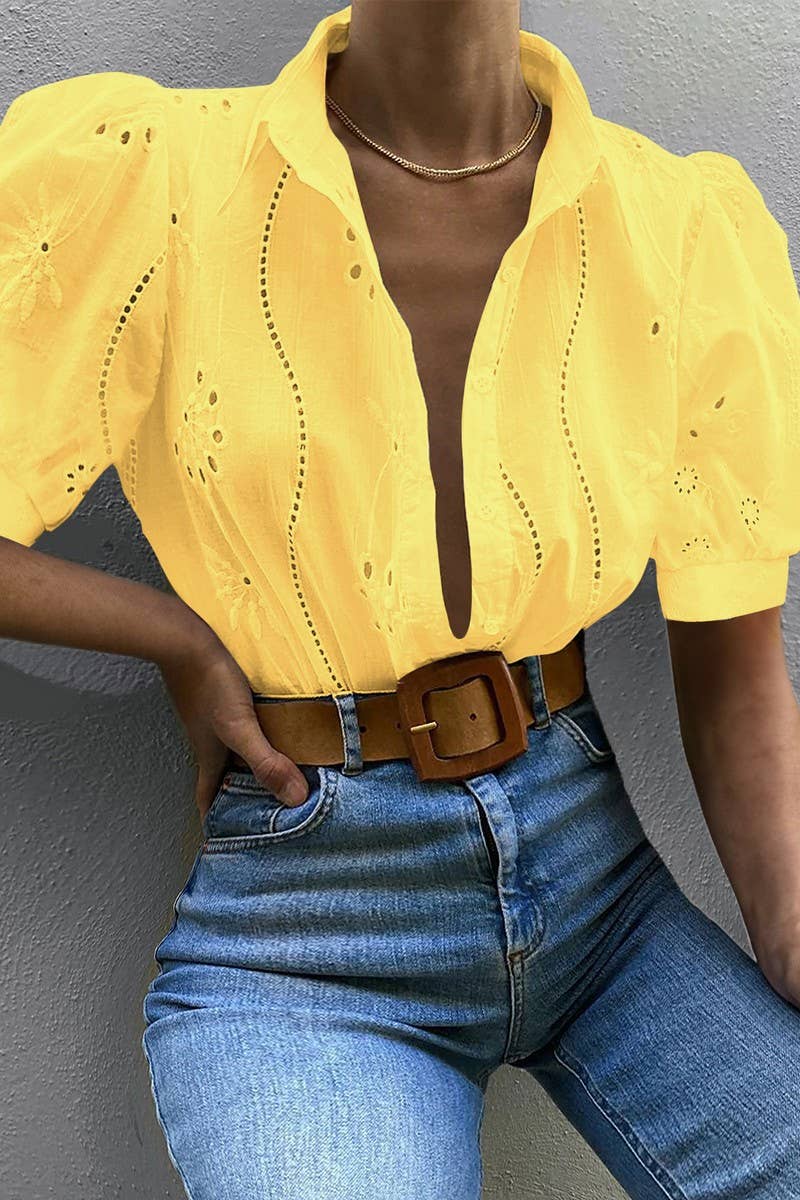 CWDSD8926_SUMMER HOT GIRL STYLE HOLLOW SHORT SLEEVE SHIRT