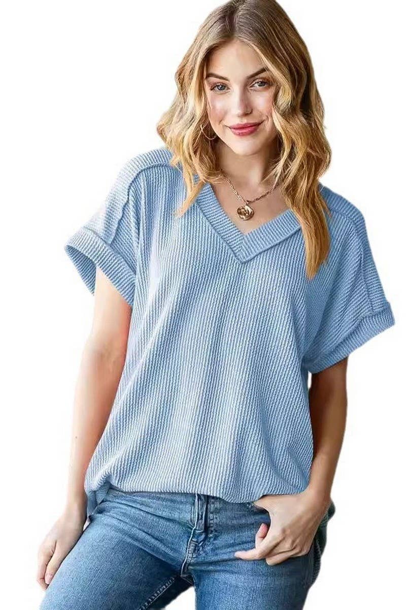 CWTBLS1500_V-NECK RIBBED JACQUARD KNIT SHORT-SLEEVED T-SHIRT