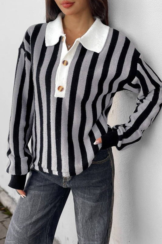 CWOSWL07129_VERTICAL STRIPED LAPEL KNITTED PULLOVER SWEATER