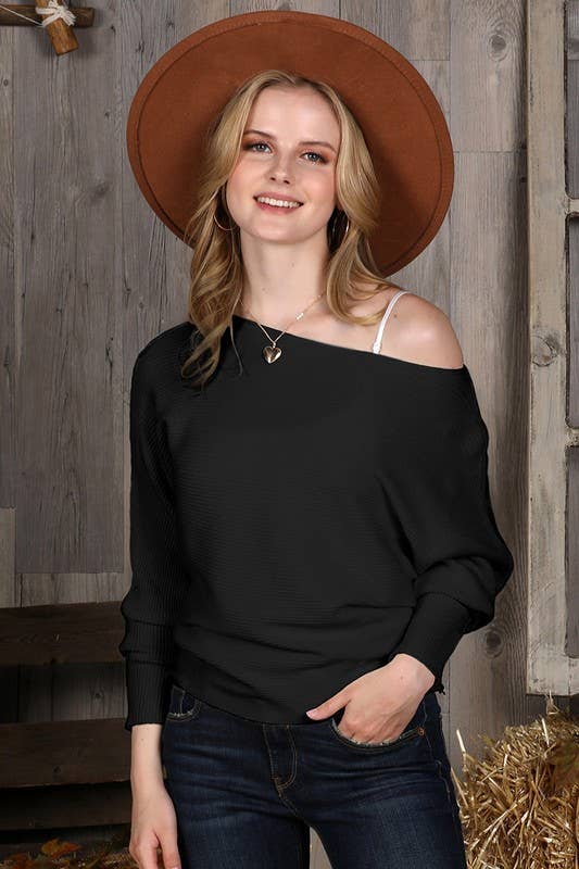 CWOSWL1835_SOFT ONE SIDE OFF SHOULDER SWEATER RIB TOP