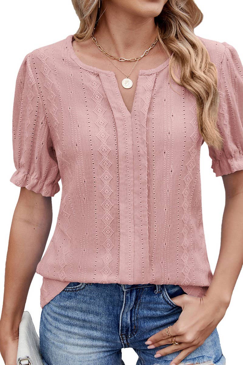 CWTTS1331_SUMMER V-NECK LOOSE PUFF SLEEVE JACQUARD T-SHIRT