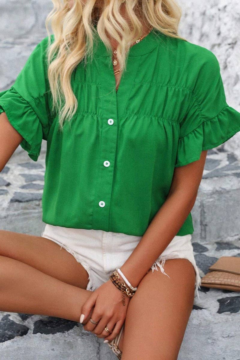 CWTSTS0679_SOLID COLOR STAND COLLAR CASUAL SHORT SLEEVE SHIR