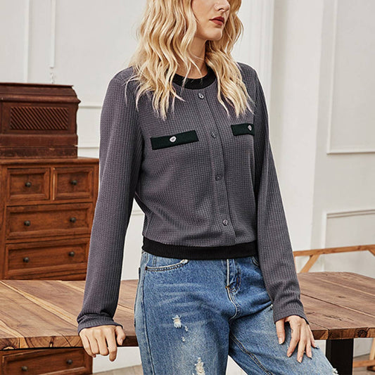 BUTTON SOLID COLOR SHORT SLIMMING SWEATER