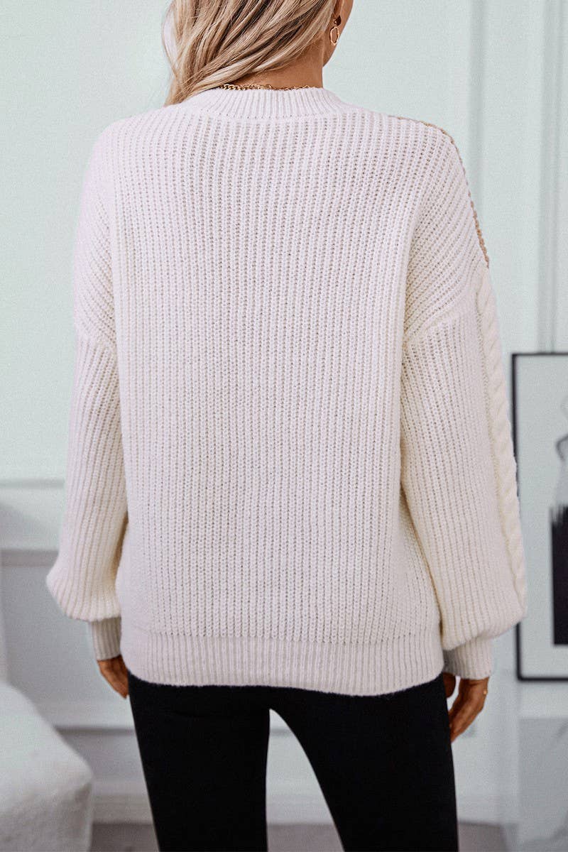 CWOSWL2877_CONTRAST CREW NECK LOOSE CABLE KNIT SWEATER