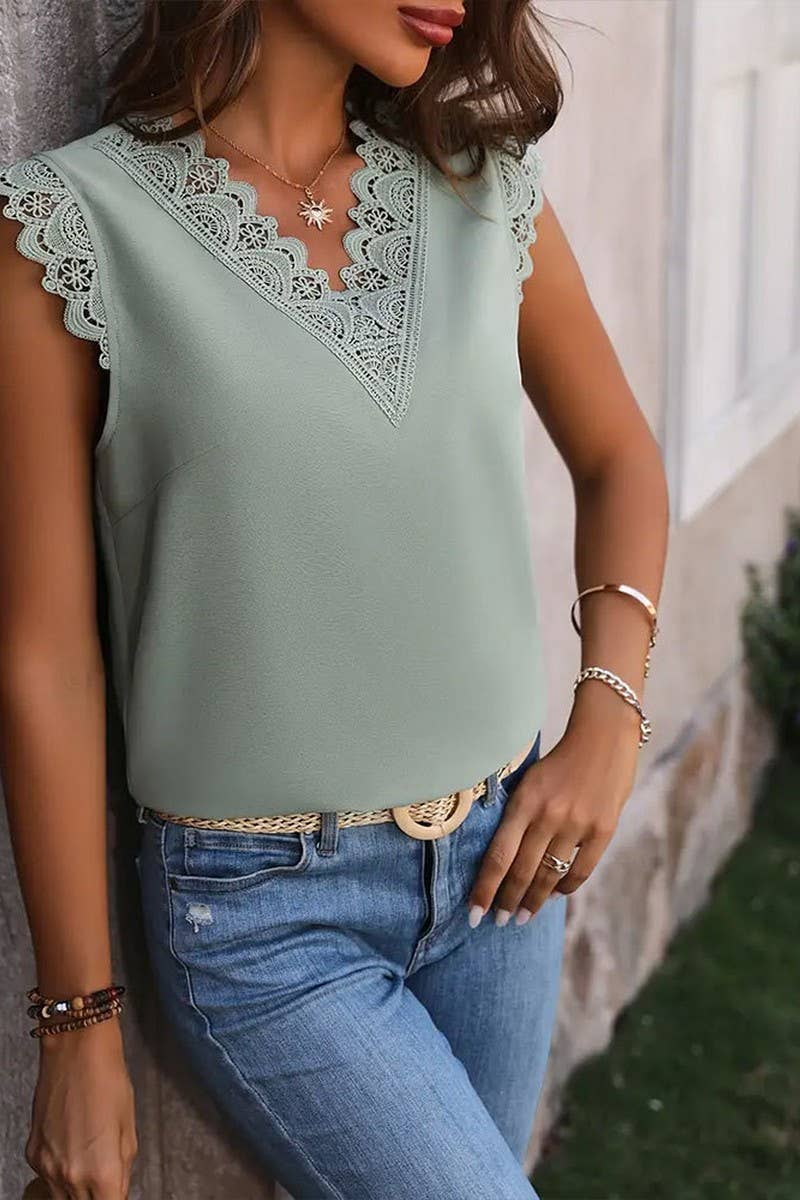 CWTTSL0348_SUMMER V-NECK ELEGANT LACE SLEEVELESS T-SHIRT