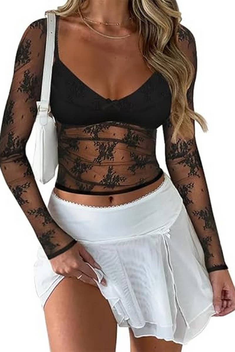 CWTBLL3950_SHEER LACE LONG SLEEVE SLIM FIT MESH TOP