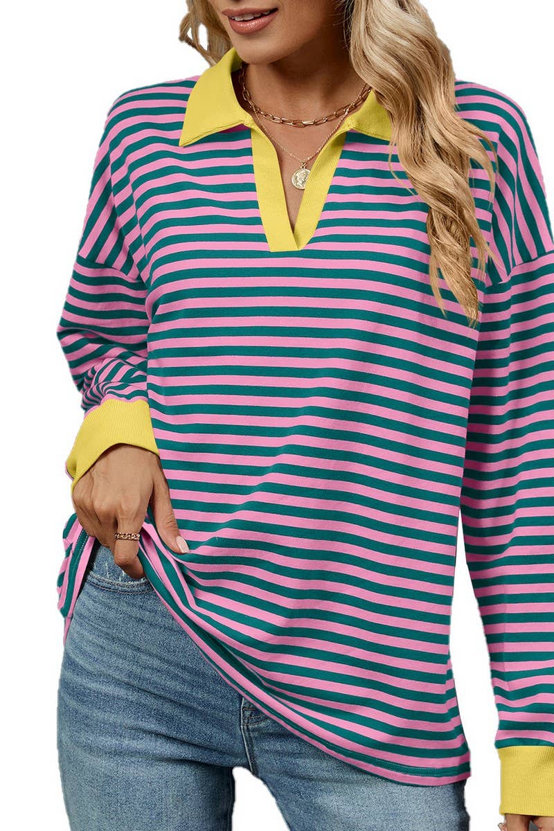 CWTBLL2361_CONTRAST COLOR LAPEL LOOSE STRIPED SWEATSHIRT