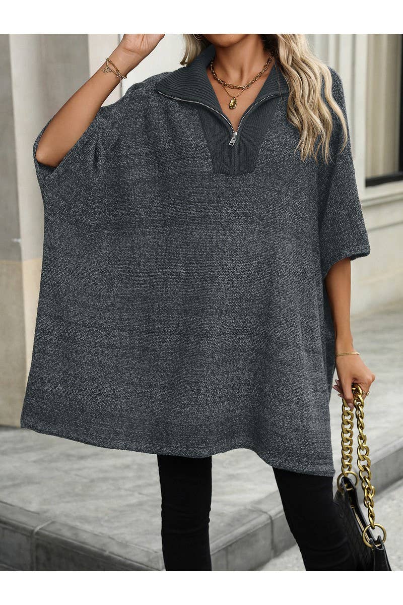 CWOSWS0082_Long Lapel Bat Sleeve Knit Zip Up Sweater