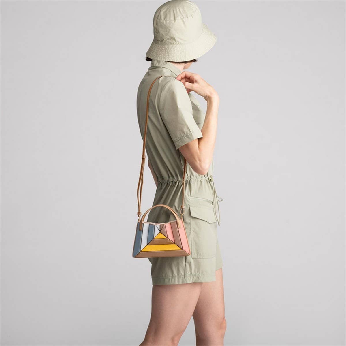 TRIANGULAR FOLDIN BAG MULTI-COLOR STITCHING HANDBAG_CWAB1939