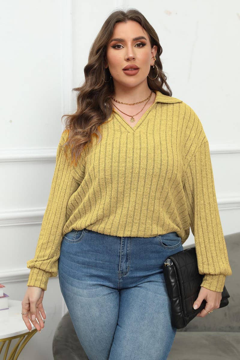 CWTTL1312_PLUS Size Casual Foldover Collar Knit Pullover Top