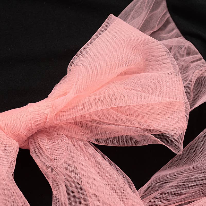 COLOR CONTRAST MESH BOW STRAP CROP T-SHIRT