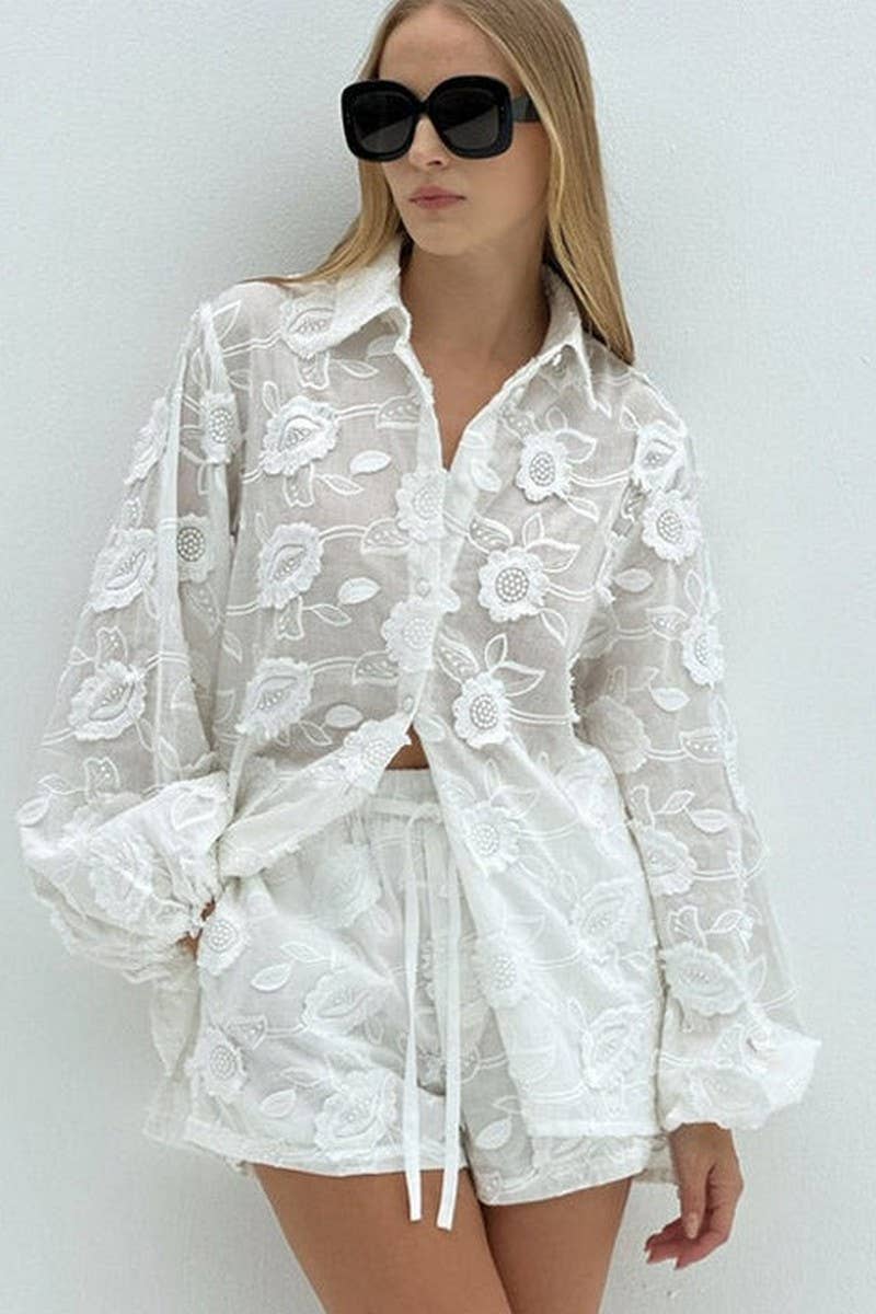CWSTB1921_EMBROIDERED SHEER SHIRT & LACE SHORTS SET