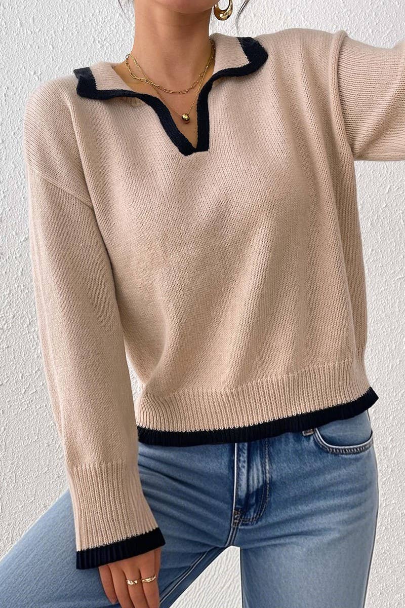 CWTTT00018_WOMEN COLOR BLOCK POLO COLLAR KNIT PULLOVER