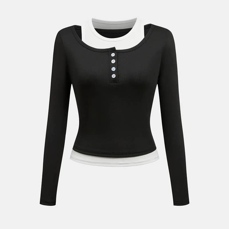 COLOR MATCHING FAKE TWO SINGLE SLIM-FIT TOP