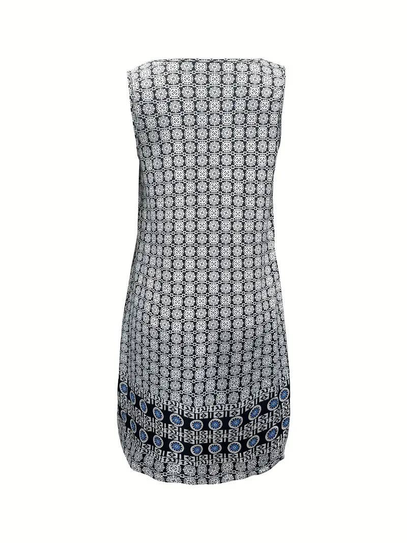 Casual printed round-neck slim short dress