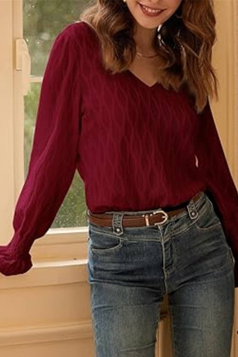 CWTBLL2863_SOLID COLOR V-NECK LONG-SLEEVED T-SHIRT TOP