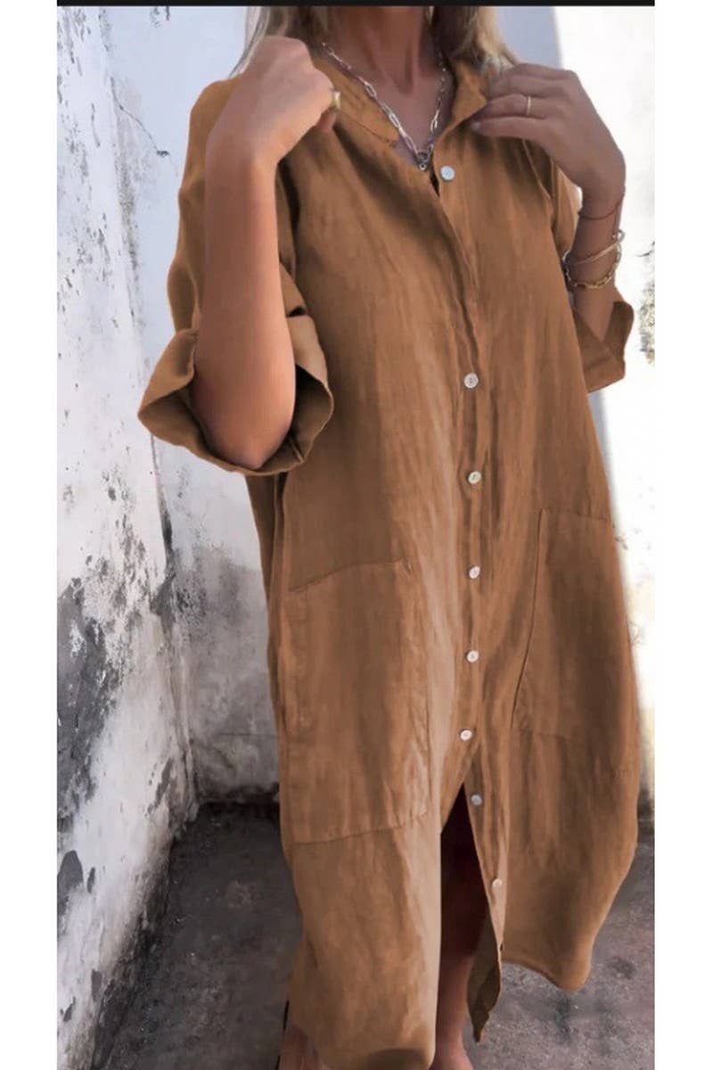 CWDMD01055_SUMMER LOOSE CASUAL MID-SLEEVE SHIRT DRESS