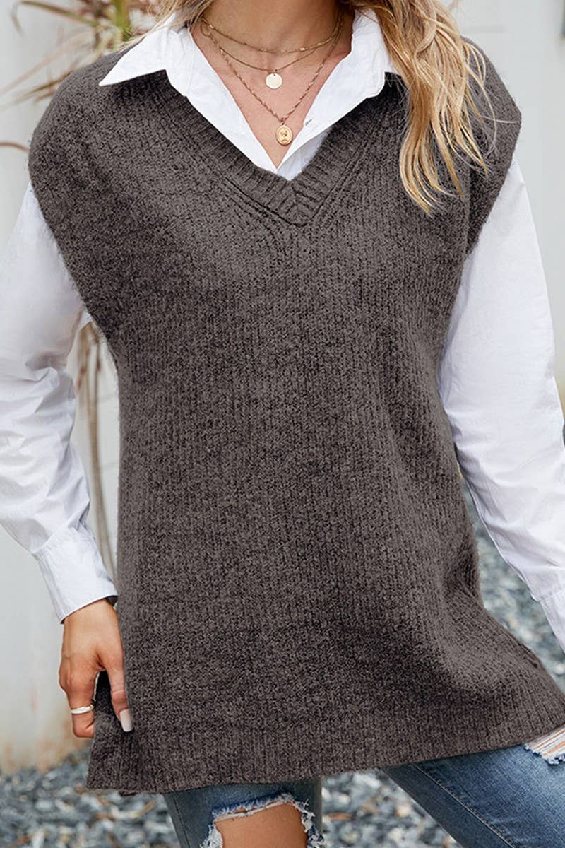 CWOSWSL0105_CASUAL MID-LENGTH SLEEVELESS V-NECK KNITTED TOP