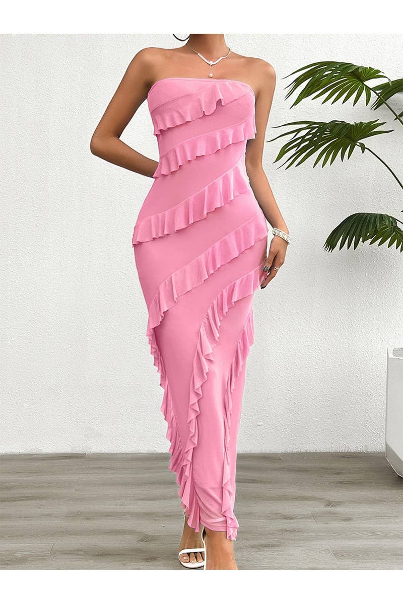 CWDMD2400_Sexy Strapless Backless Split Ruffle Dress