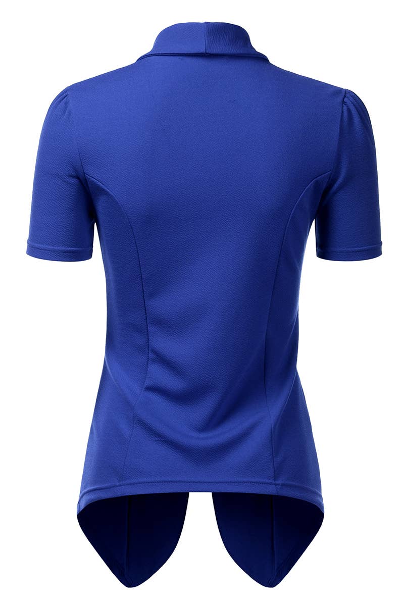 CWOBL095-P_Short Sleeve Open Front Draped Ruffles Blouses