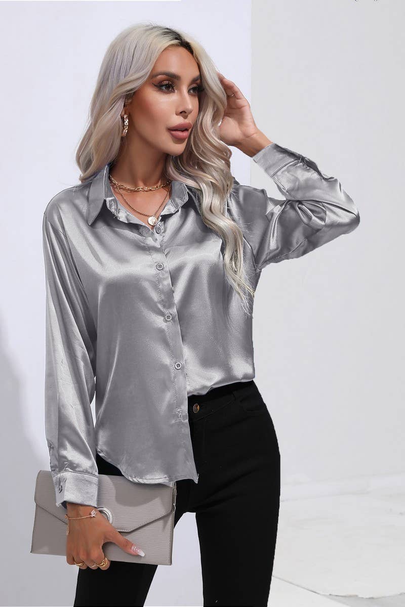 CWTBLL0690_Button Down Silky Satin Long Sleeve Top