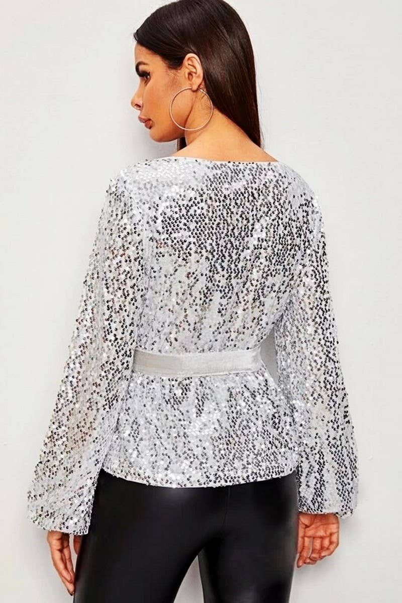 CWTBLL3459_VELVET BELTED SEQUINED LONG SLEEVE PULLOVER