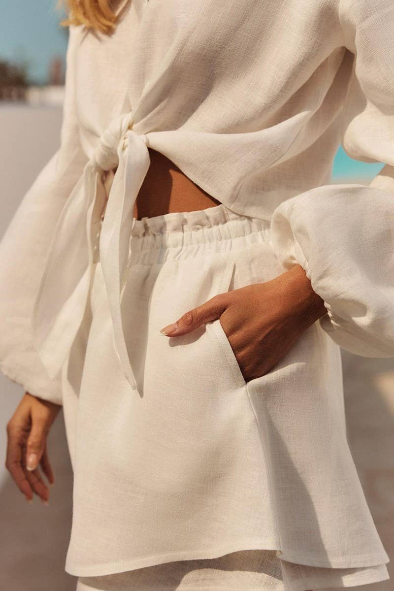 CWSTB1811_COTTON PUFF SLEEVE TOP & PLEATED SHORTS SET