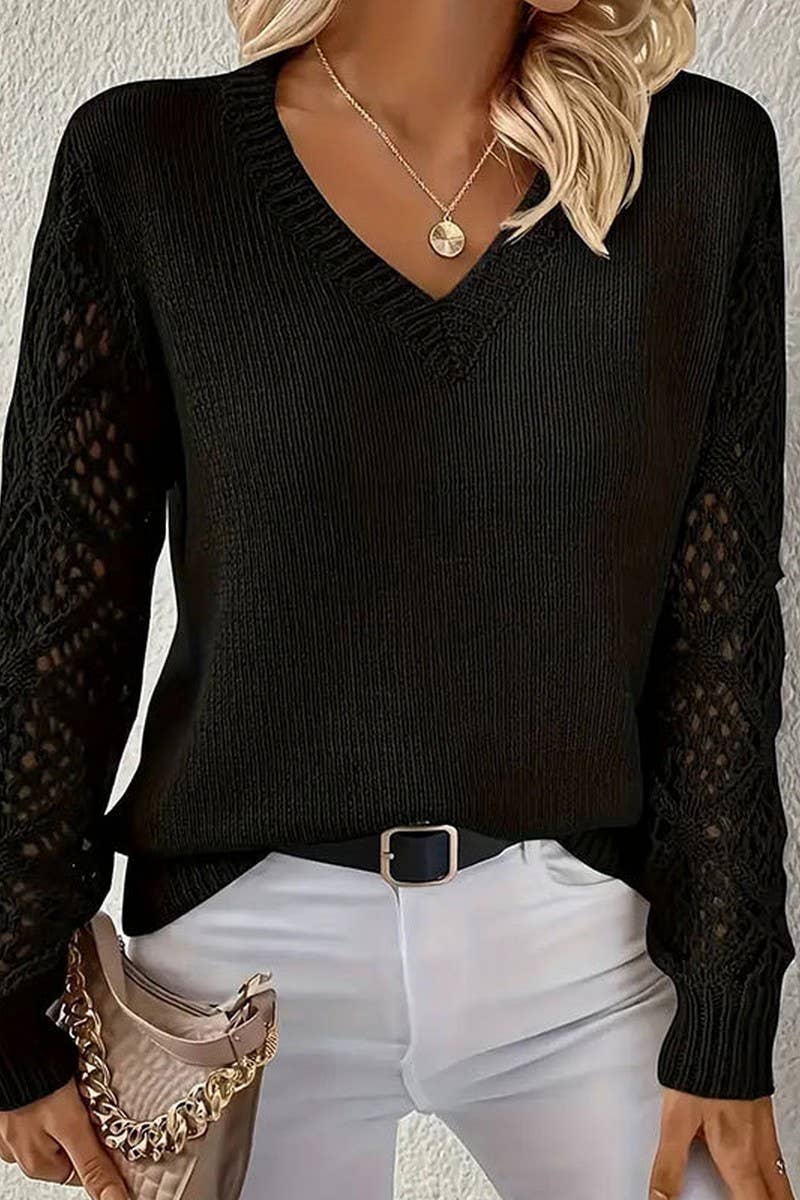 CWOSWL5807_HOLLOW LONG SLEEVE V-NECK PULLOVER KNIT TOP