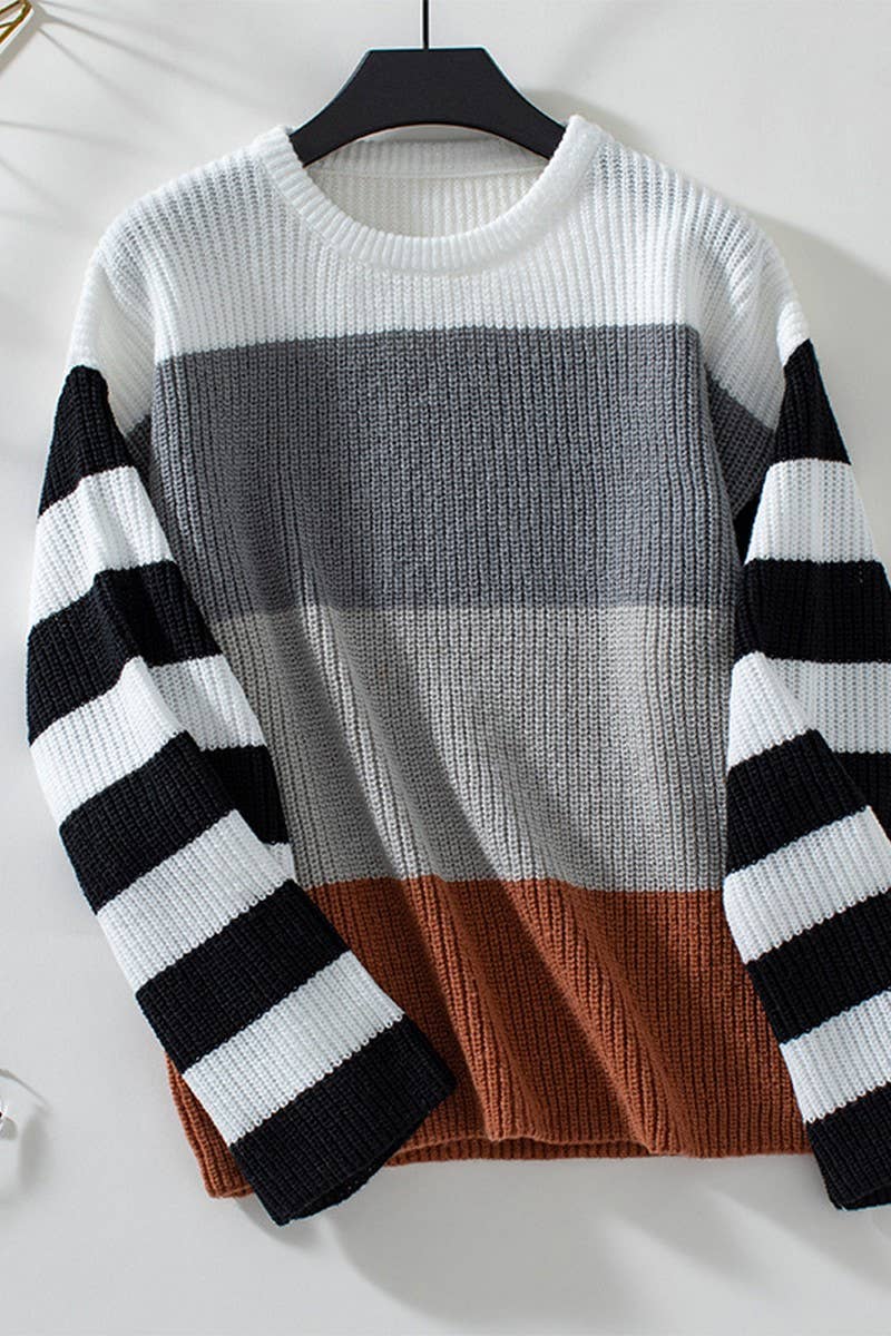 CWOSWL2883_CREW NECK CONTRAST STRIPE KNIT SWEATER_
