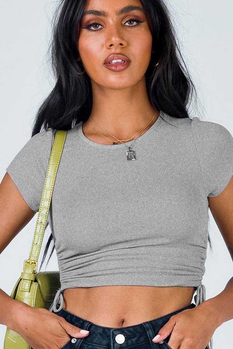 CWTBLS1808_CREW NECK RIBBED DRAWSTRING SLIM FIT CROP TOP