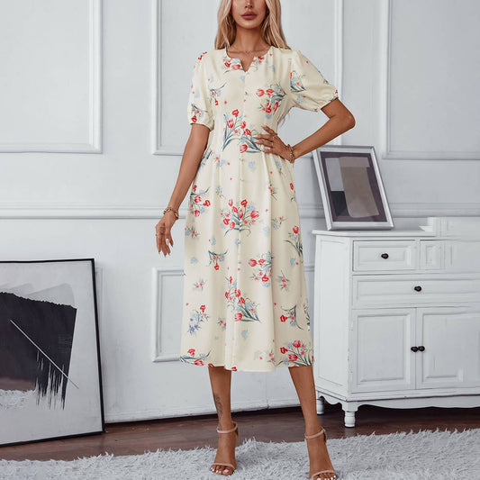 FLORAL PRINT NOTCH V-NECK ELEGANT LONG DRESS