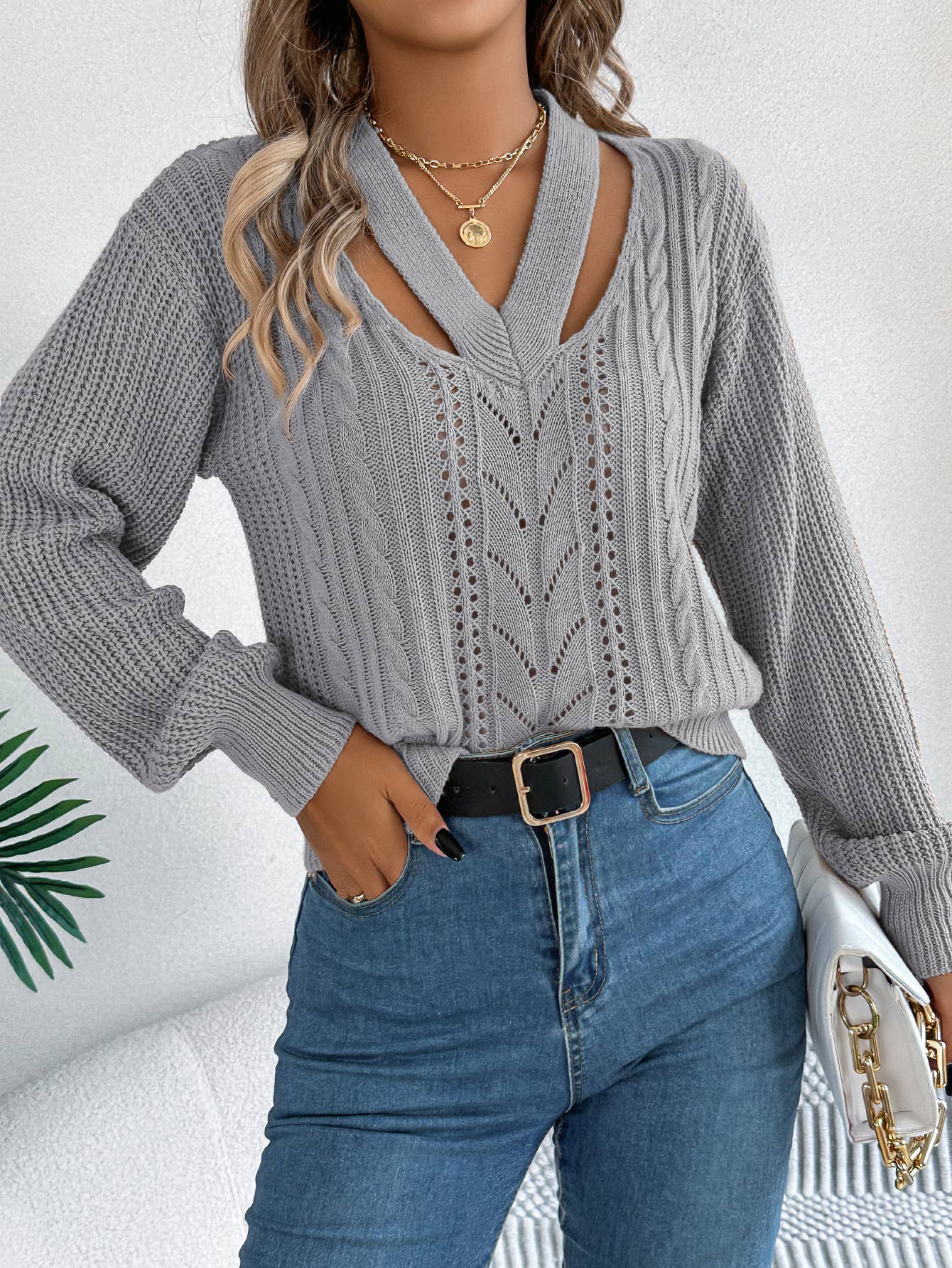 CASUAL CUTOUT V-NECK TWIST PULLOVER SWEATER