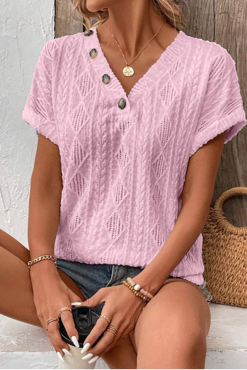 CWTBLS1794_V-NECK BUTTON-DOWN SHORT-SLEEVED TOP T-SHIRT