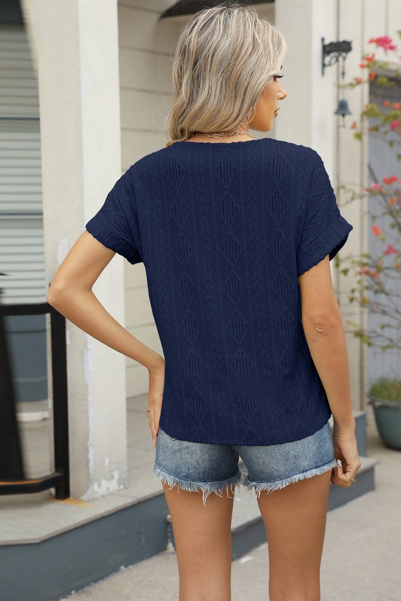 CWTBLS1704_V-NECK JACQUARD BUTTON SHORT-SLEEVED HOLLOW TOP