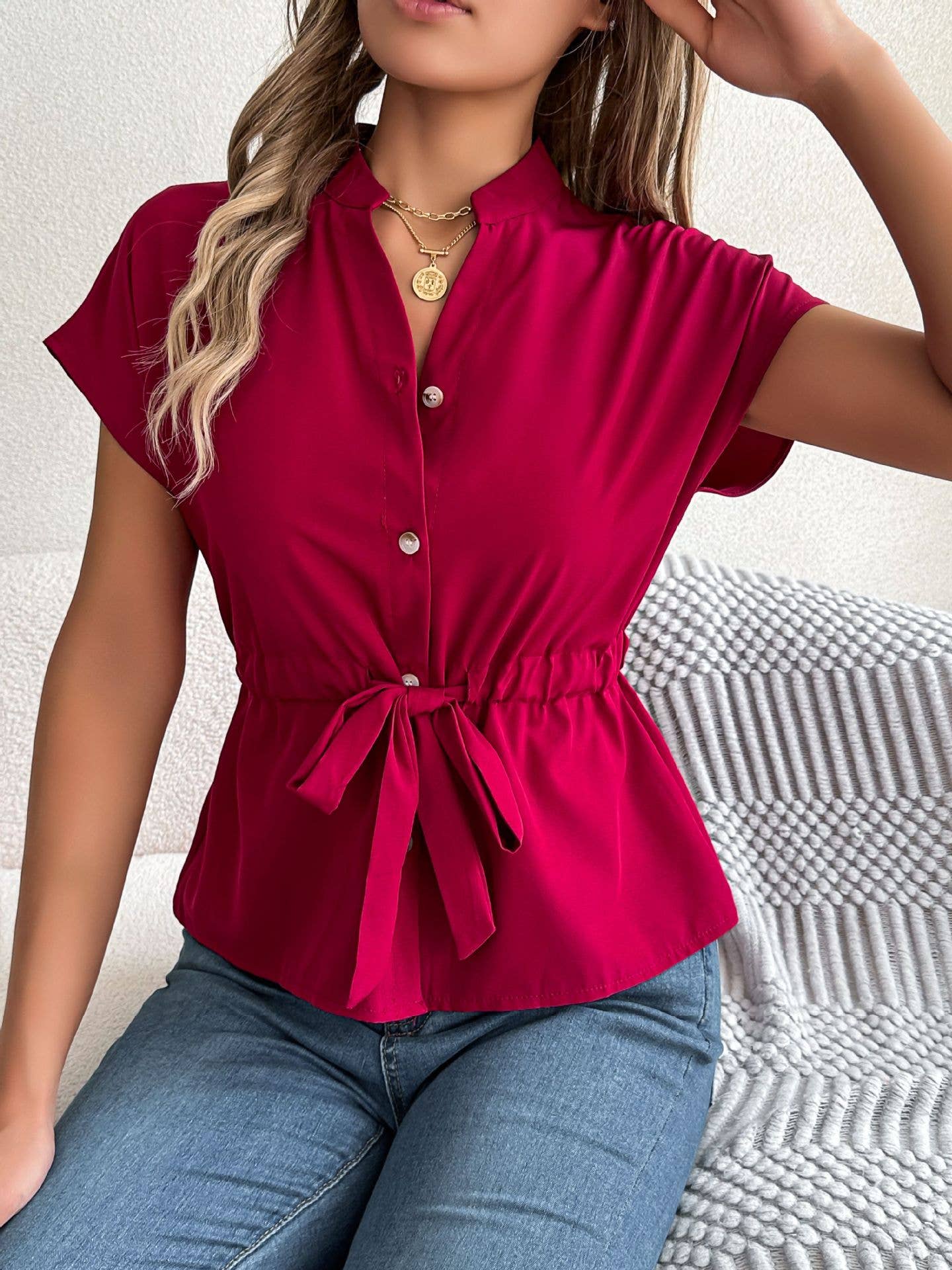 Casual solid color button-down drawstring shirt