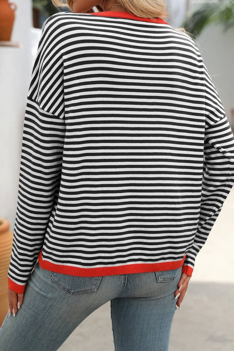 CWOSWL4272_ROUND NECK STRIPED CONTRAST COLOR CASUAL SWEATER