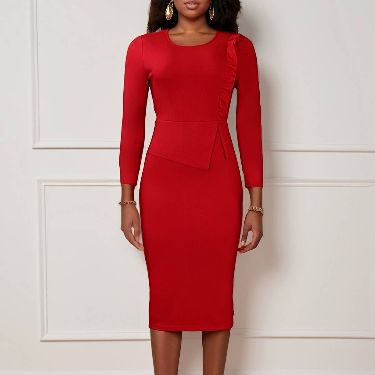 RUFFLE HEM SOLID COLOR ROUND NECK HIP DRESS