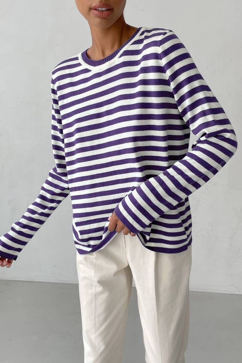 CWTBLL2962_CLASSIC CREW-NECK STRIPED LONG-SLEEVED SWEATER
