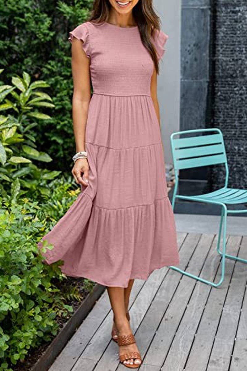 CWDMD2568_FLYING SLEEVE SHIRRED LAYERED SHORT SLEEVE DRESS